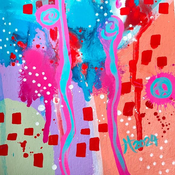 Summer Pop 1 Original Art Acrylic Painting Turquoise Pink Red Frame Ready 8x10in - Picture 3 of 6